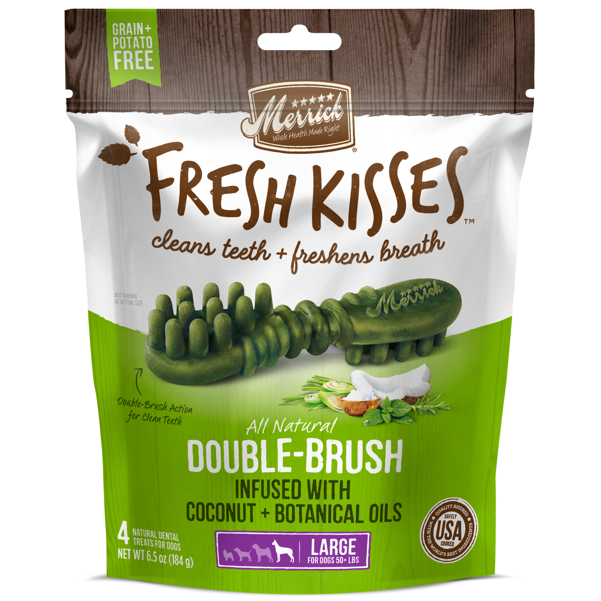 slide 1 of 5, Merrick Fresh Kisses Coconut + Botanical Oils Dental Dog Treats For Large Breeds - 6.5 oz Bag with 4 Brushes, 6.5 oz