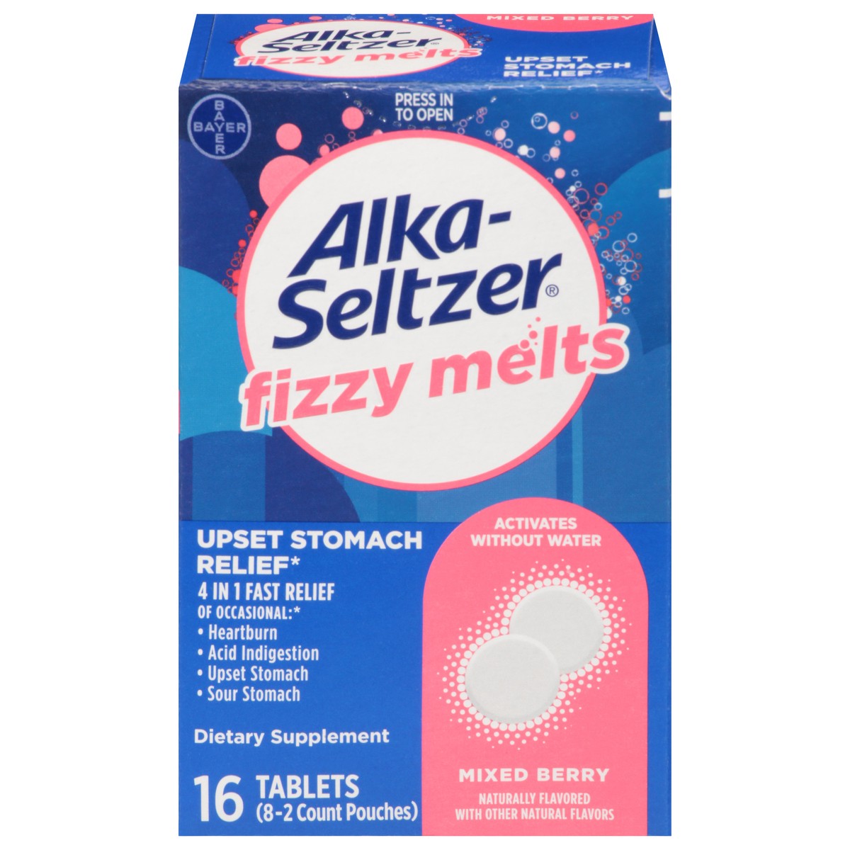 slide 8 of 13, Alka-Seltzer Fizzy Melts 4 in 1 Mixed Berry Upset Stomach Relief 8 - 2 Tablet Pouches, 8 ct