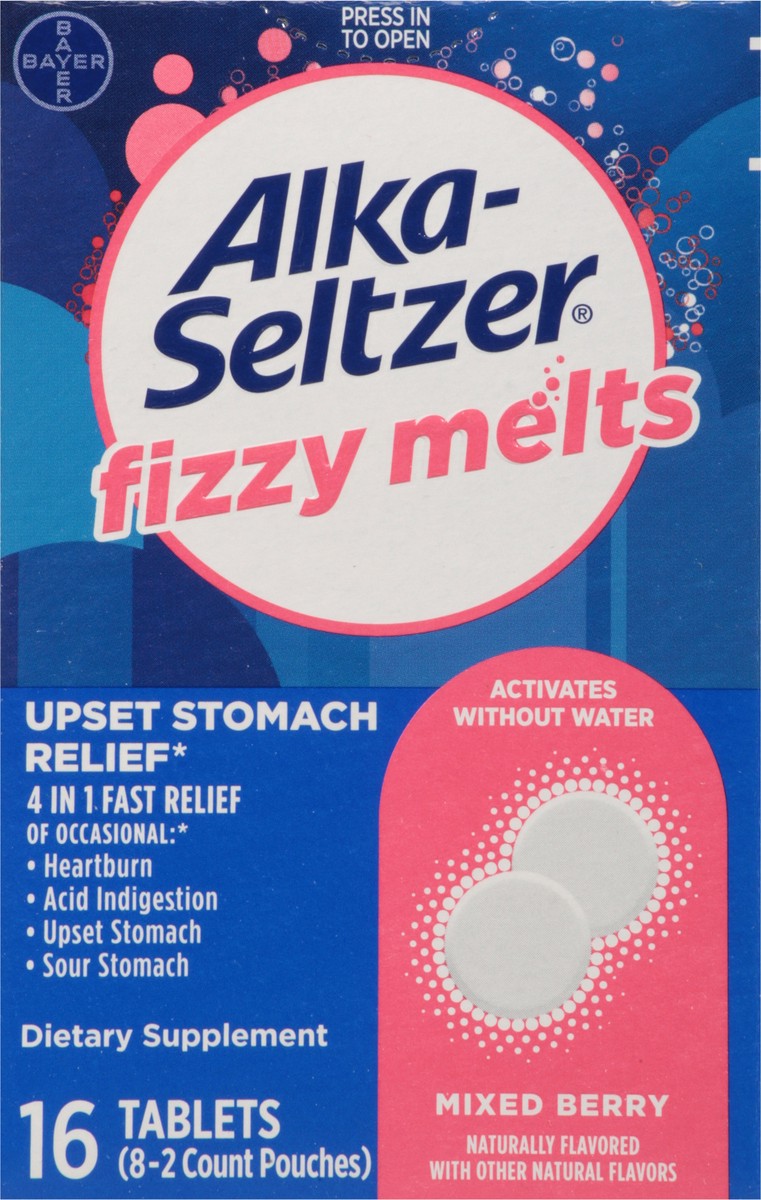 slide 3 of 13, Alka-Seltzer Fizzy Melts 4 in 1 Mixed Berry Upset Stomach Relief 8 - 2 Tablet Pouches, 8 ct