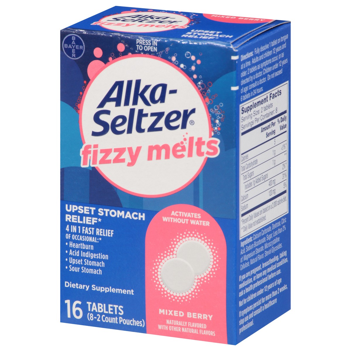 slide 6 of 13, Alka-Seltzer Fizzy Melts 4 in 1 Mixed Berry Upset Stomach Relief 8 - 2 Tablet Pouches, 8 ct