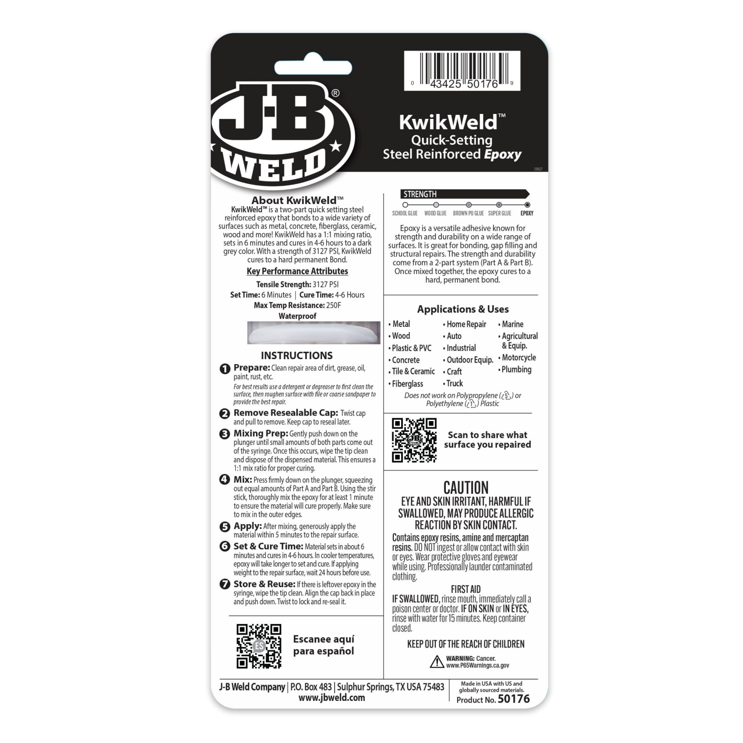 slide 2 of 8, J-B WELD KwikWeld Epoxy Adhesive Tube - Stainable, Waterproof, Quick-Setting, for Metal, Vinyl, Tile, Concrete, Plastic, Wood, and More - 2-Part Putty for Plumbing, Crafts, and Repairs - Clear, 3127 PSI, 1 ct