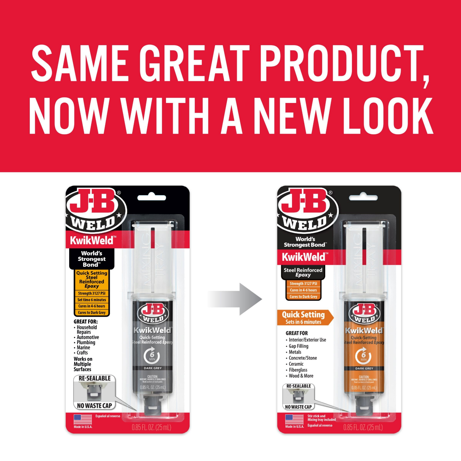 slide 7 of 8, J-B WELD KwikWeld Epoxy Adhesive Tube - Stainable, Waterproof, Quick-Setting, for Metal, Vinyl, Tile, Concrete, Plastic, Wood, and More - 2-Part Putty for Plumbing, Crafts, and Repairs - Clear, 3127 PSI, 1 ct