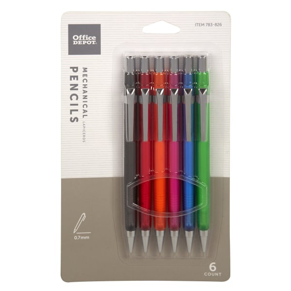 slide 1 of 8, Office Depot Brand Hb Mechanical Pencils, 0.7 Mm, Translucent Assorted Barrel Colors, Pack Of 6 Pencils, 6 ct