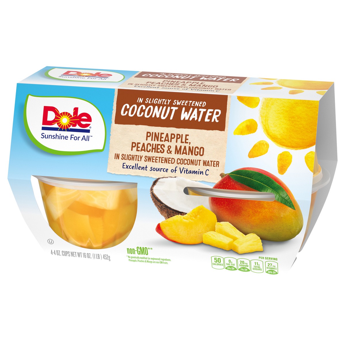 slide 8 of 11, Dole Pineapple, Peach, & Mango in Slightly Sweetened Coconut Water, 4 ct; 4 oz