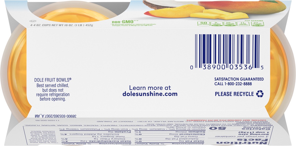 slide 2 of 11, Dole Pineapple, Peach, & Mango in Slightly Sweetened Coconut Water, 4 ct; 4 oz