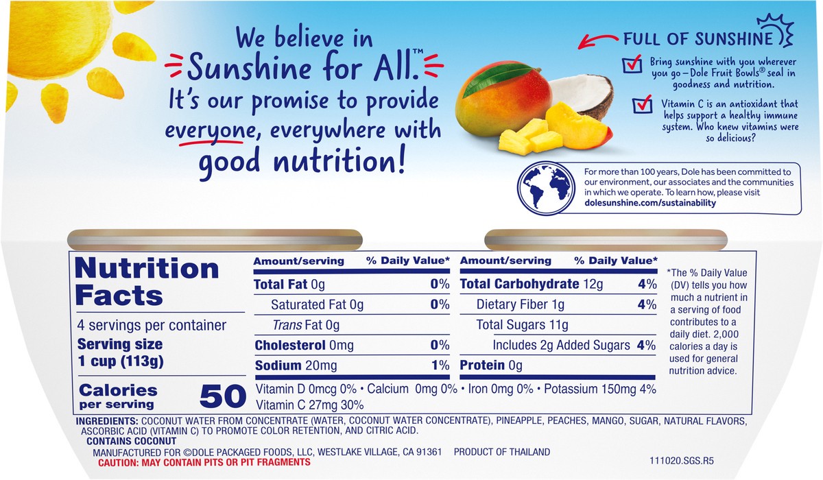 slide 4 of 11, Dole Pineapple, Peach, & Mango in Slightly Sweetened Coconut Water, 4 ct; 4 oz