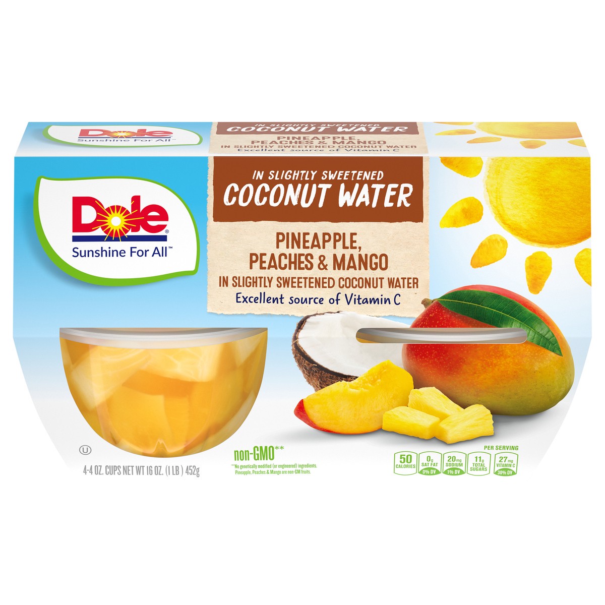 slide 6 of 11, Dole Pineapple, Peach, & Mango in Slightly Sweetened Coconut Water, 4 ct; 4 oz