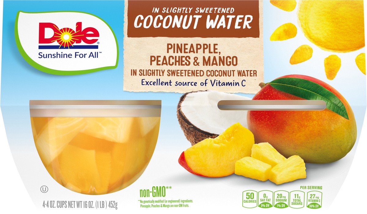 slide 1 of 11, Dole Pineapple, Peach, & Mango in Slightly Sweetened Coconut Water, 4 ct; 4 oz