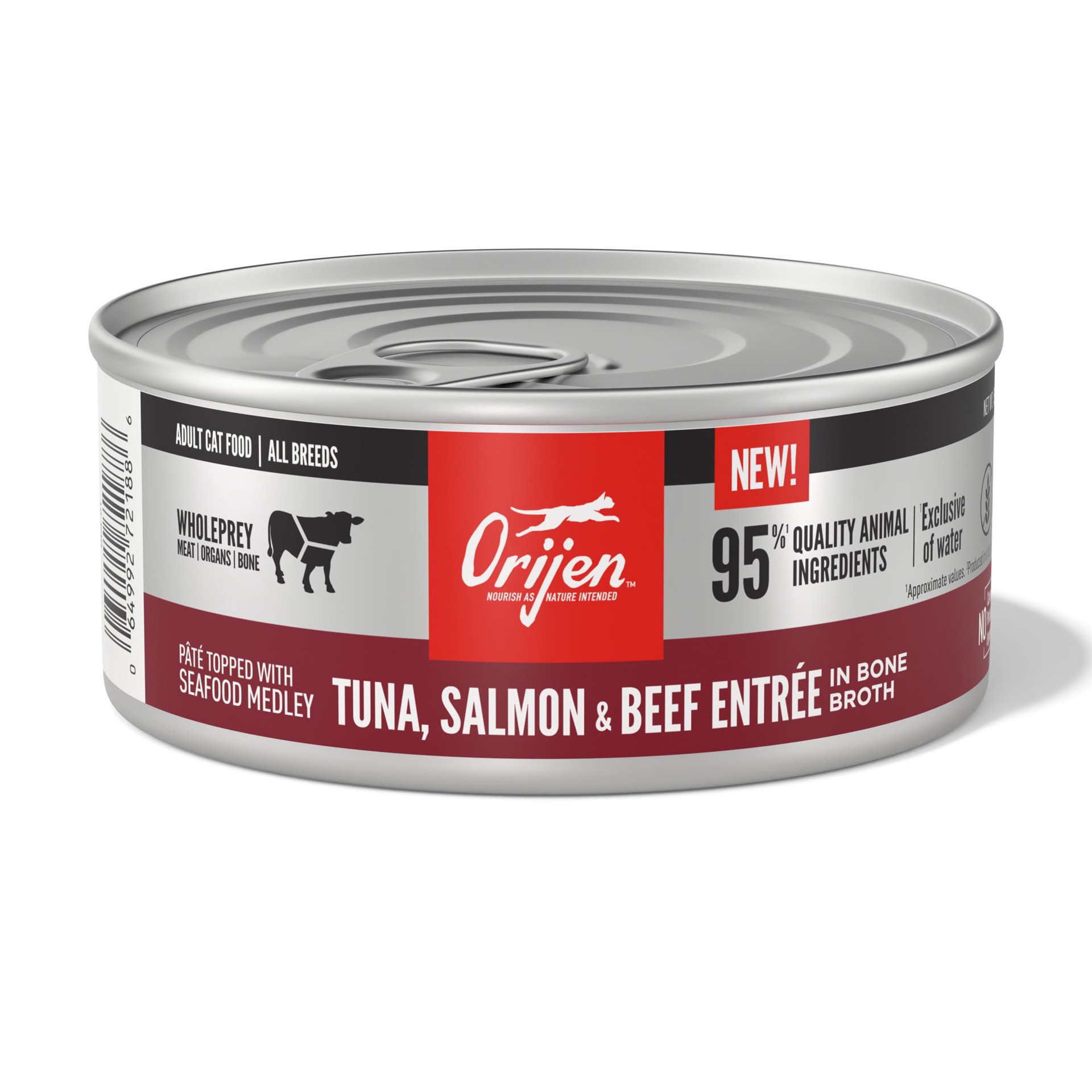 slide 1 of 4, ORIJEN Tuna, Salmon + Beef Entrée in Bone Broth, 5.5oz, case of 12 cans, 5.5 oz