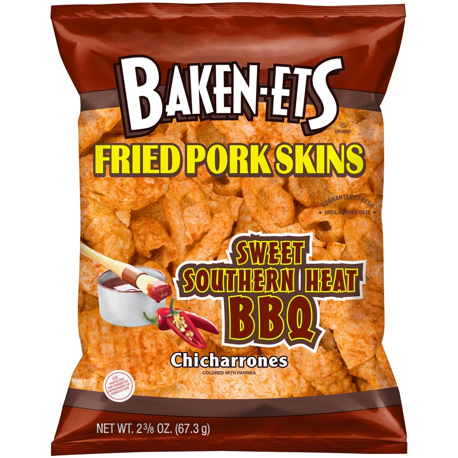 slide 1 of 3, BAKEN-ETS Sweet Southern Heat Bbq Chicharrones Fried Pork Skins 2.37 Oz Bag, 2.38 oz