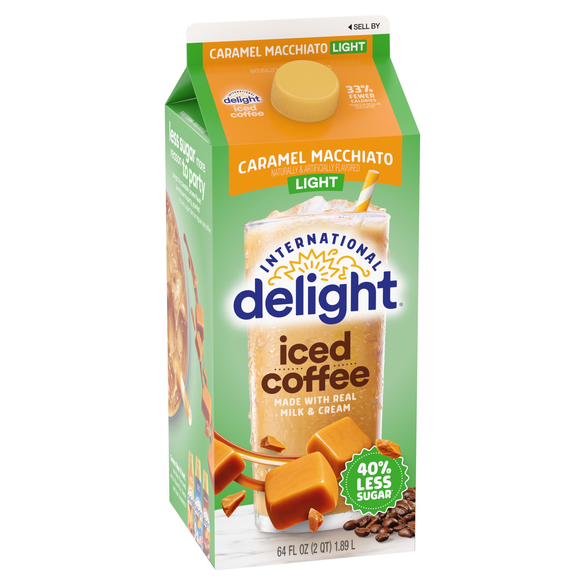 slide 5 of 5, International Delight Zero Iced Coffee, 0g Added Sugar, Caramel Macchiato, Ready to Pour Coffee Drinks Made with Real Milk and Cream, 64 FL OZ Carton, 64 PK