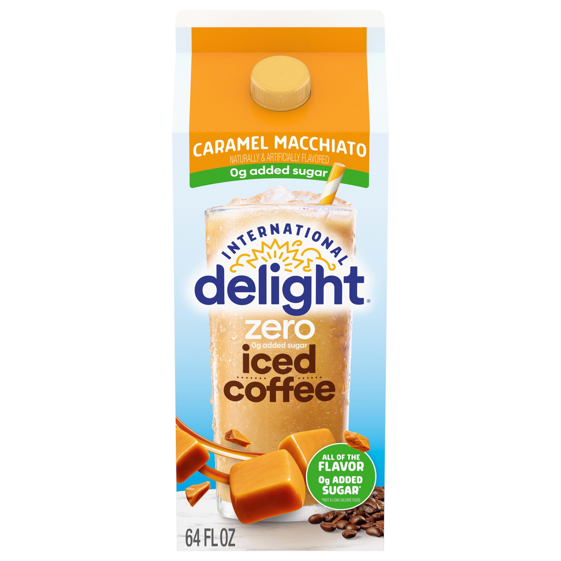 slide 1 of 5, International Delight Zero Iced Coffee, 0g Added Sugar, Caramel Macchiato, Ready to Pour Coffee Drinks Made with Real Milk and Cream, 64 FL OZ Carton, 64 PK