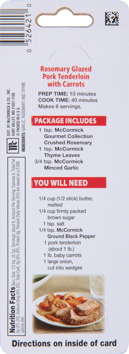 slide 4 of 8, McCormick Recipe Inspirations Rosemary Pork Tenderloin With Carrots 0.17 oz. Carded Pack, 0.17 oz