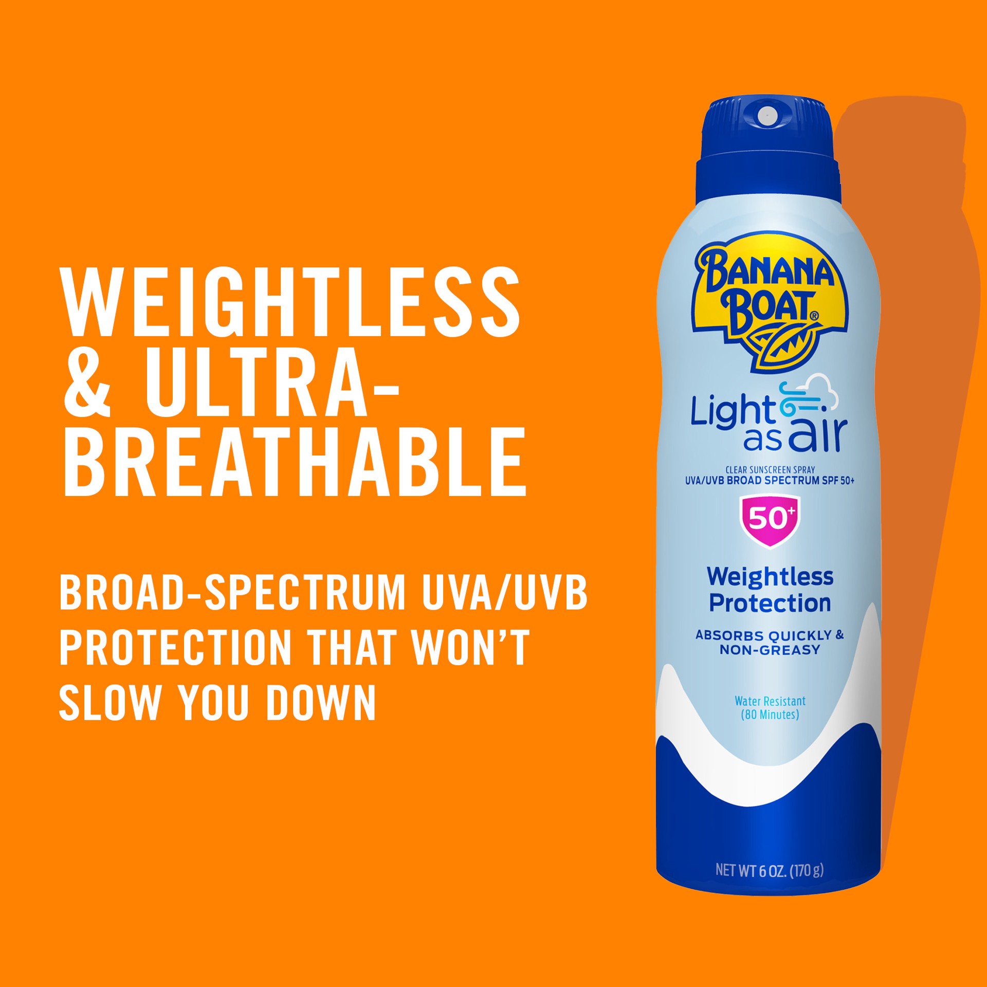 slide 7 of 8, Banana Boat Light as Air UVA/UVB Broad Spectrum SPF 50+ Weightless Protection Clear Sunscreen Spray 6 oz, 6 oz