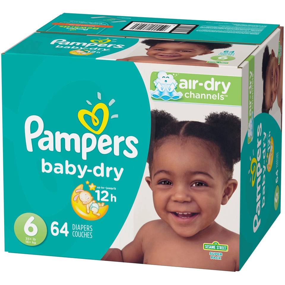 slide 3 of 3, Pampers Baby Dry Diapers, Size 6, 35+ lbs, 64 Count, Absorbent Disposable Diapers, 64 ct