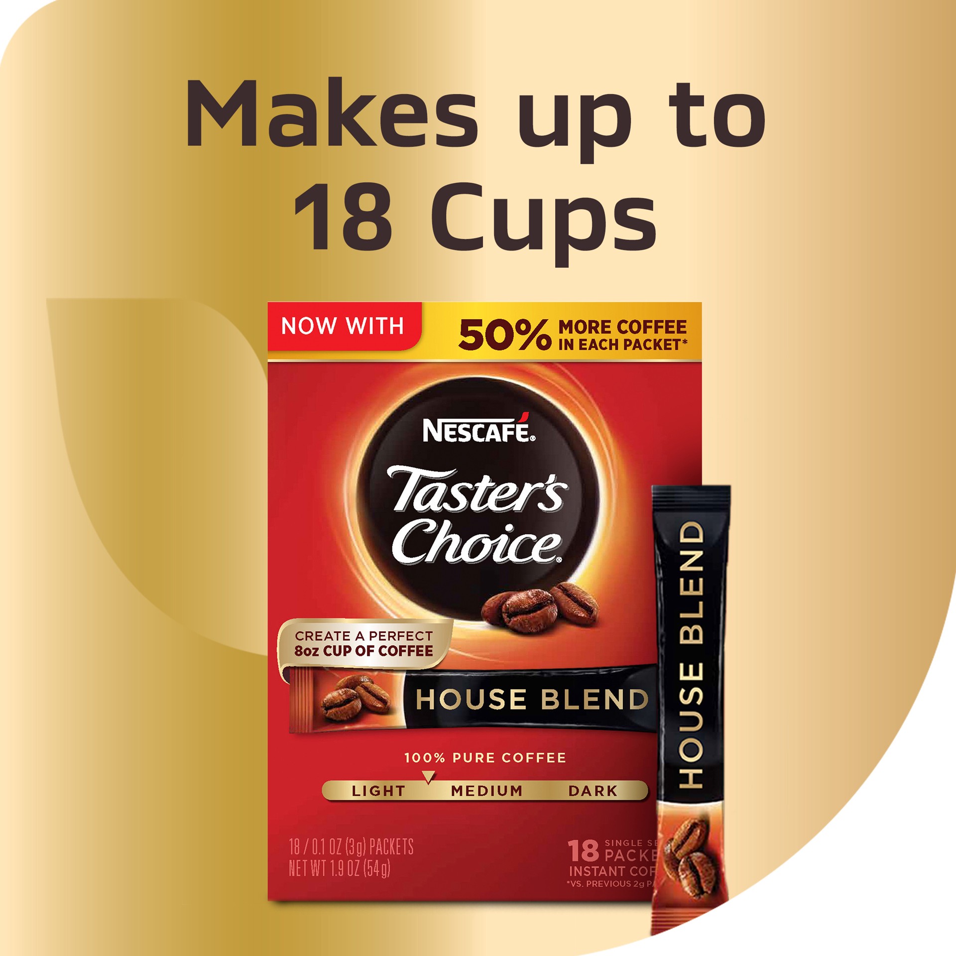 slide 3 of 4, Nescafé Taster's Choice, House Blend Light Medium Roast Instant Coffee, 1 box (18 packets) - 18 ct, 1.9 oz