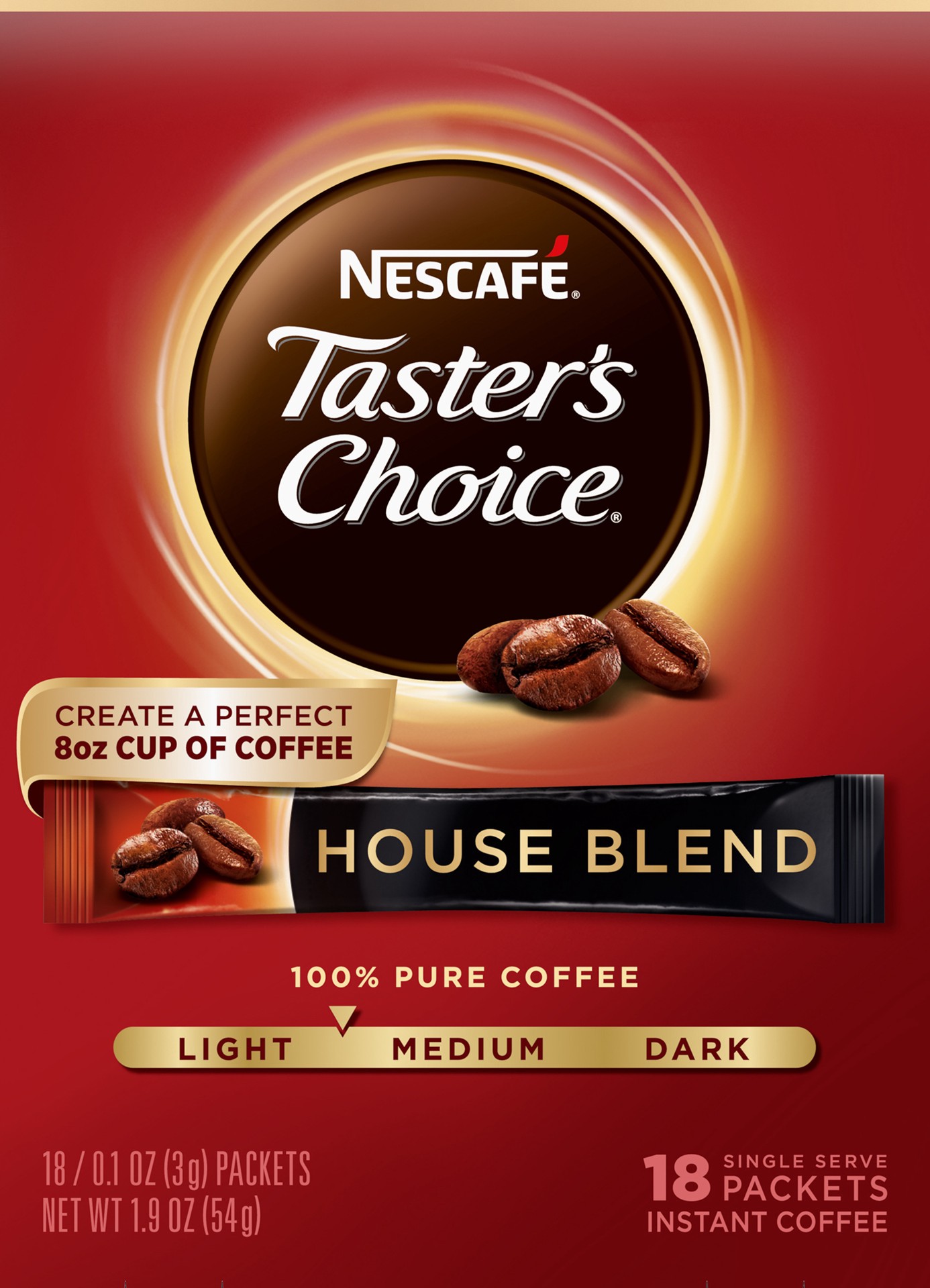 slide 1 of 4, Nescafé Taster's Choice, House Blend Light Medium Roast Instant Coffee, 1 box (18 packets) - 18 ct, 1.9 oz