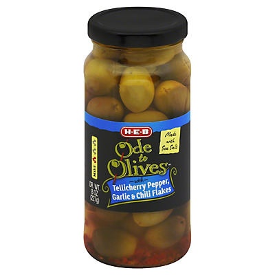 slide 1 of 1, H-E-B Ode to Olives Stuffed with Tellicherry Pepper, Garlic & Chili Flakes, 8 oz