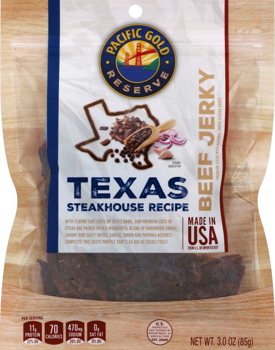 slide 3 of 3, Pacific Gold Texas Steakhouse Beef Jerky, 3 oz