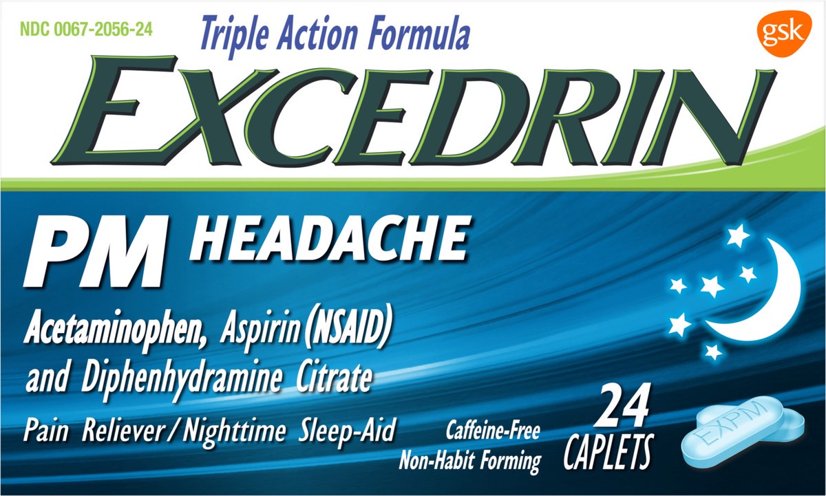 slide 5 of 8, Excedrin Pain Reliever/Nighttime Sleep-Aid, Triple Action Formula, Caplets, 24 Each, 24 ct