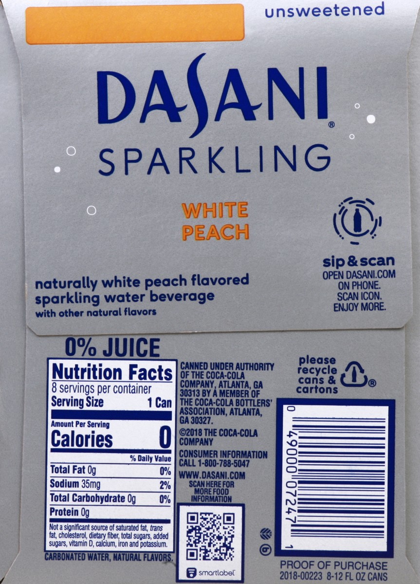 slide 3 of 6, Dasani Sparkling White Peach, 8 ct; 12 fl oz