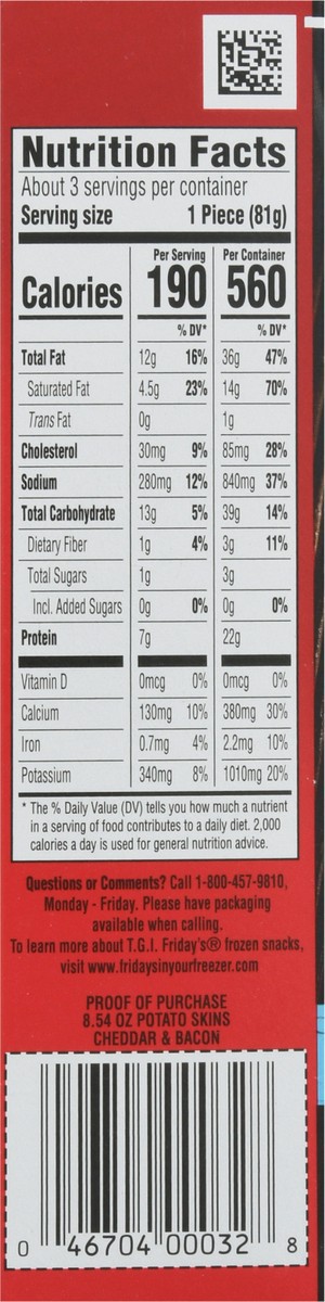 slide 10 of 11, TGI Fridays Loaded Cheddar & Bacon Potato Skins Frozen Snacks, 8.5 oz Box, 7.6 oz