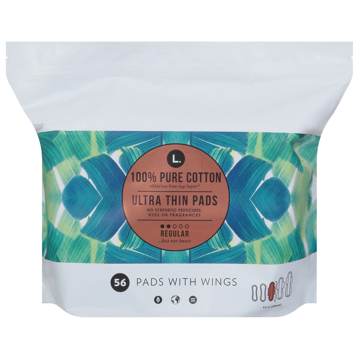 slide 1 of 1, L. Ultra Thin Unscented Pads With Wings, Regular Absorbency, 56 Ct, 100% Pure Cotton Chlorine Free Top Layer, 56 ct