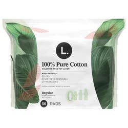 L. Ultra Thin Pads for Women, Regular Absorbency, 100% Pure Cotton Top Layer, Unscented Pads with Wings, 56 CT
