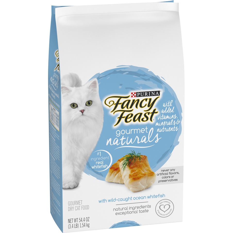 slide 2 of 9, Fancy Feast Gourmet Naturals with Wild-Caught Ocean Whitefish Dry Cat Food, 54.4 oz