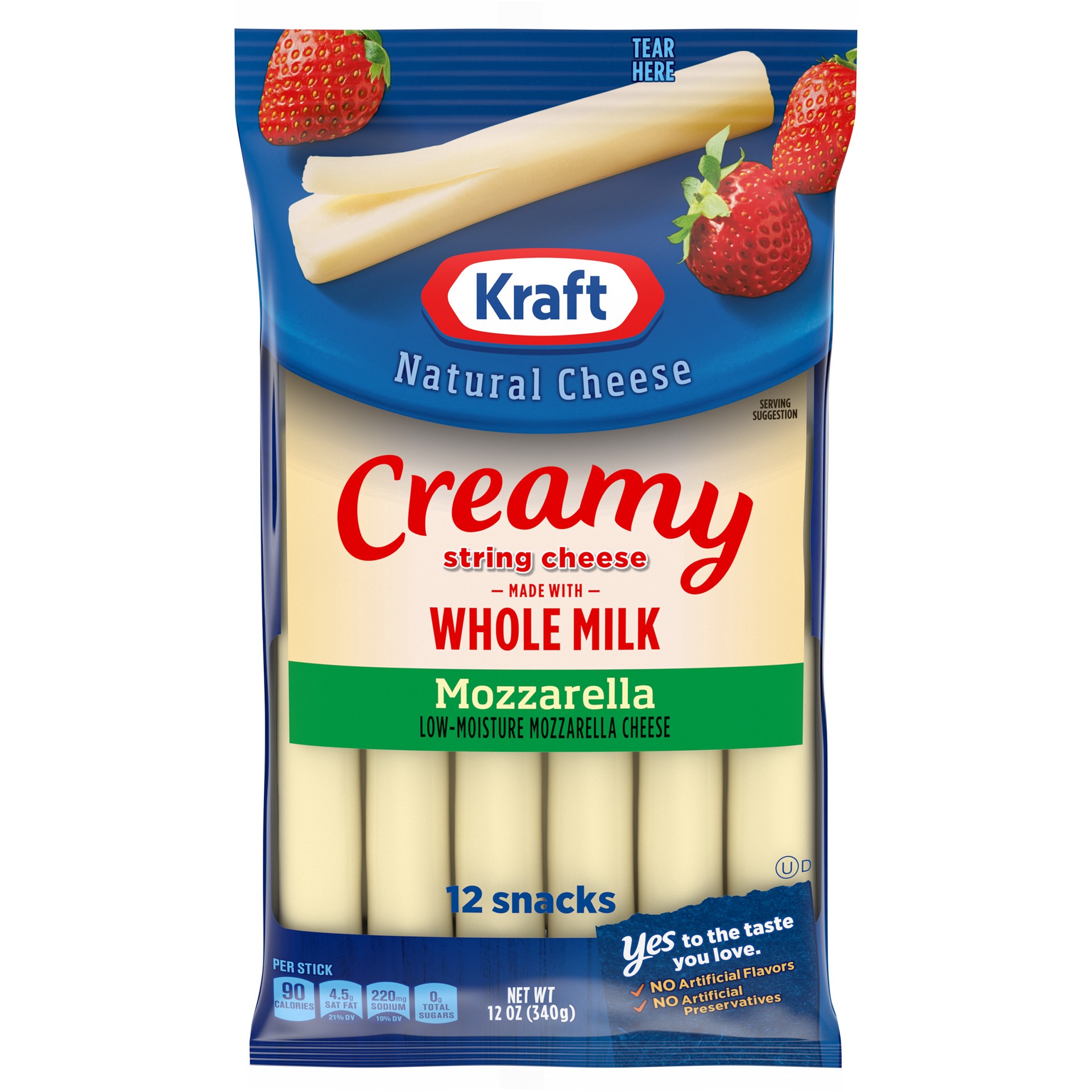 slide 1 of 9, Kraft Creamy String Cheese Mozzarella Cheese Snacks with Whole Milk, 12 ct Sticks, 12 ct