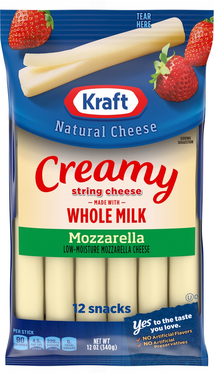 slide 2 of 9, Kraft Creamy String Cheese Mozzarella Cheese Snacks with Whole Milk, 12 ct Sticks, 12 ct