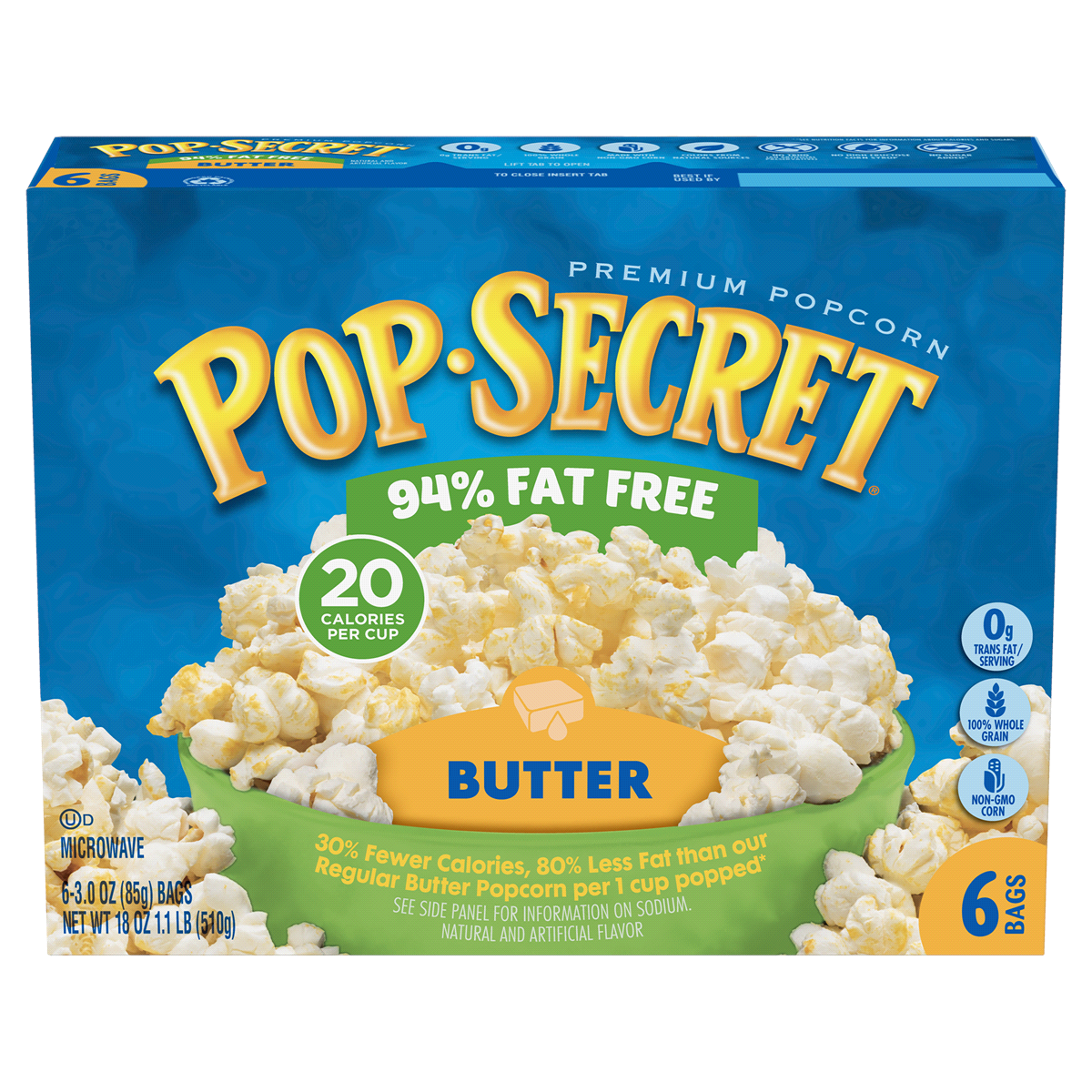 slide 1 of 9, Pop-Secret Buttered 94% Fat Free Popcorn, 6 ct