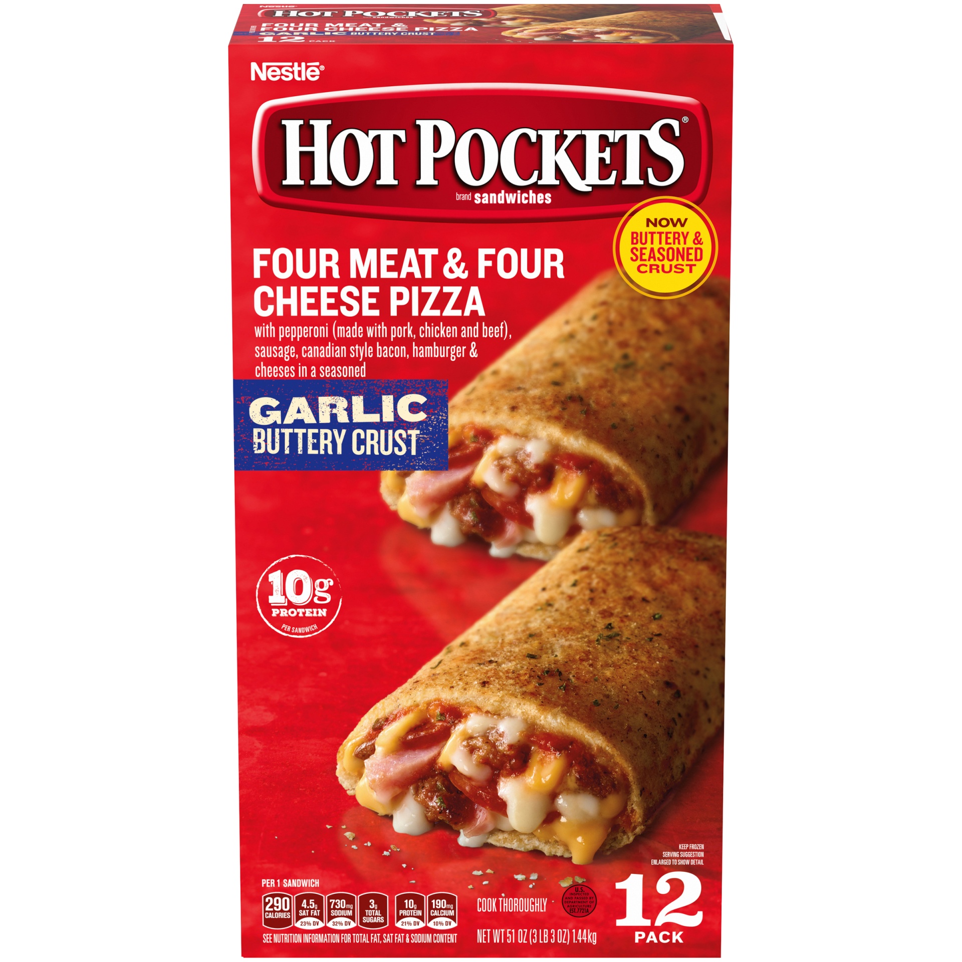 slide 2 of 6, Hot Pockets Four Meat And Four Cheese Pizza Garlic Buttery Crust Frozen Sandwiches, 12 ct; 4.5 oz