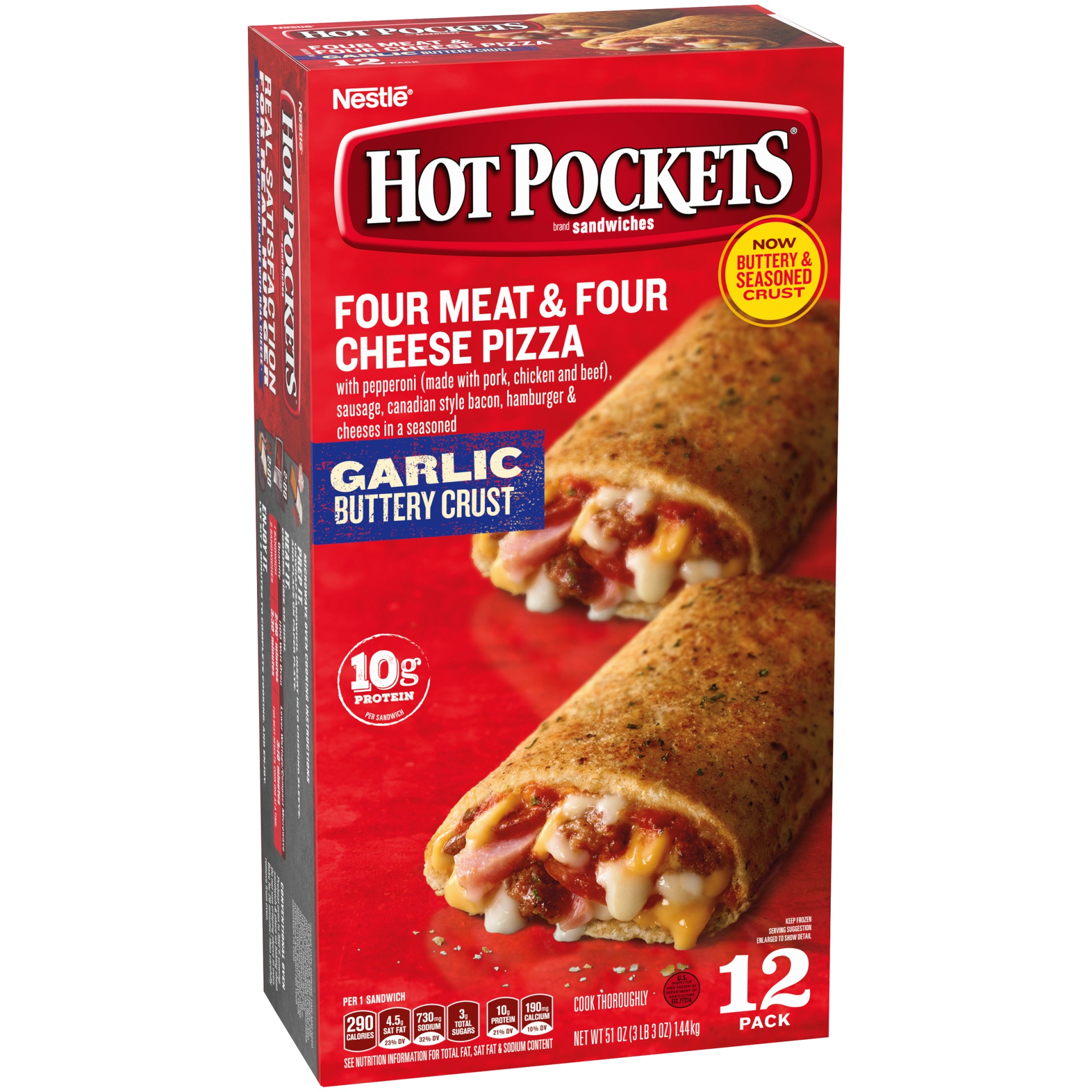 slide 3 of 6, Hot Pockets Four Meat And Four Cheese Pizza Garlic Buttery Crust Frozen Sandwiches, 12 ct; 4.5 oz