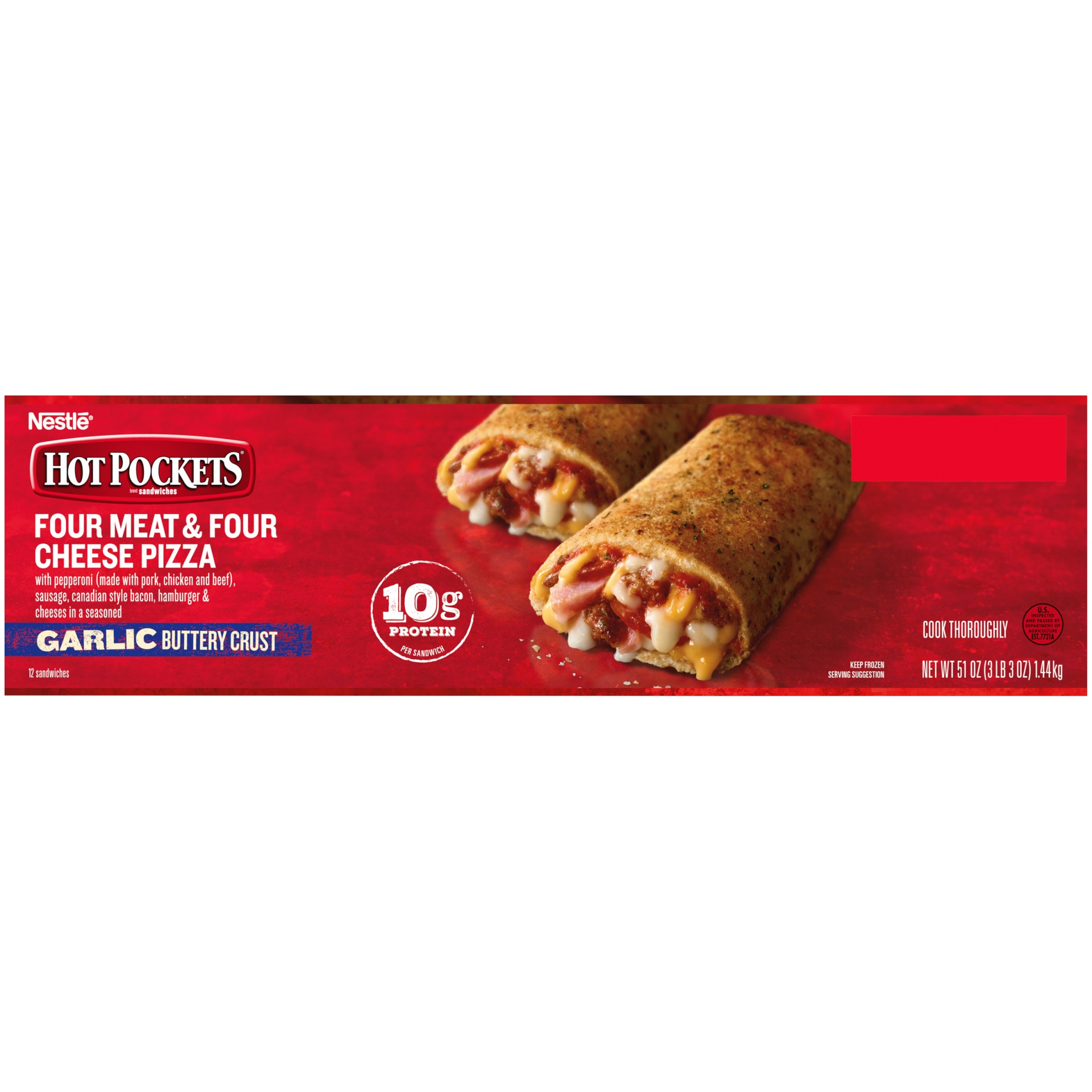 slide 5 of 6, Hot Pockets Four Meat And Four Cheese Pizza Garlic Buttery Crust Frozen Sandwiches, 12 ct; 4.5 oz