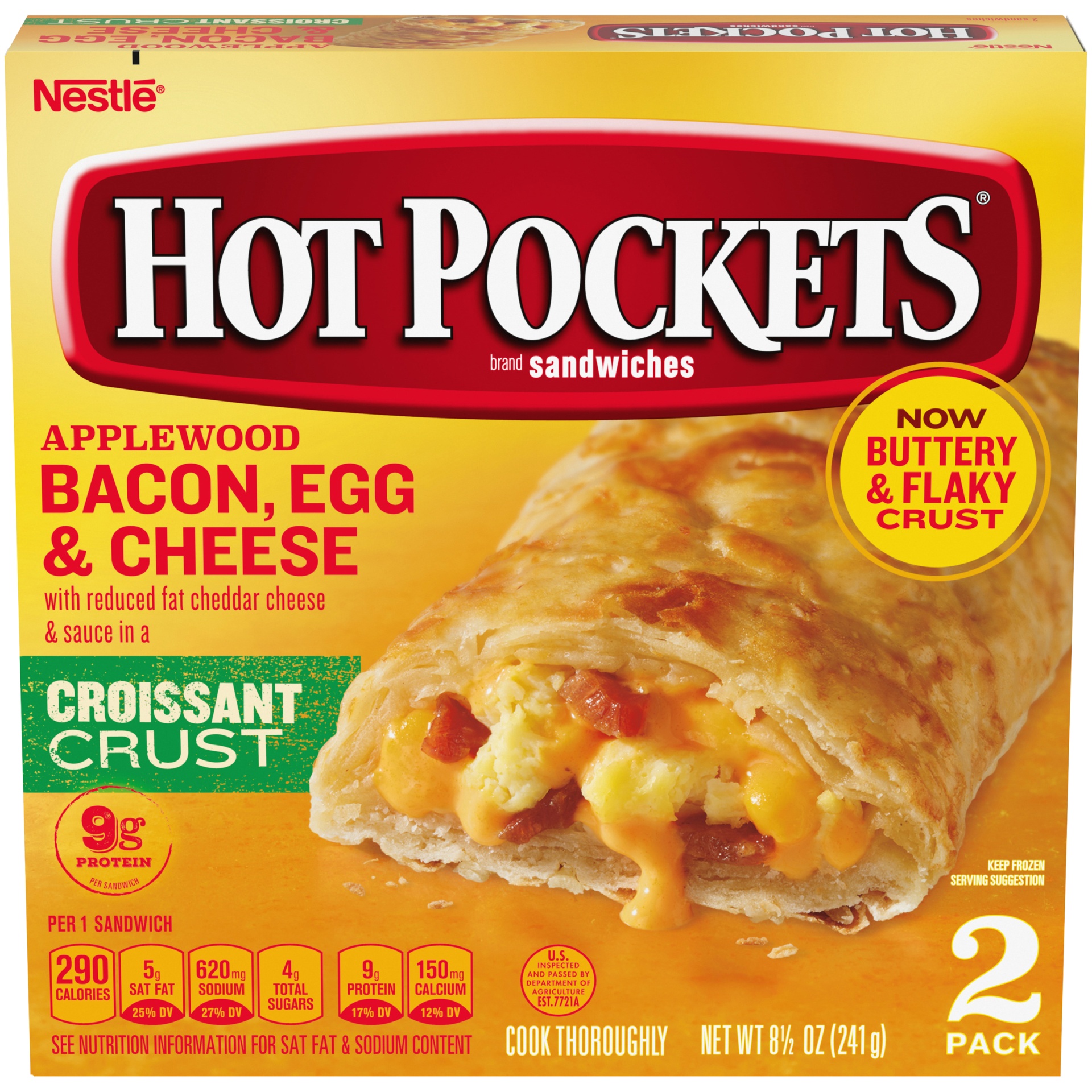 slide 2 of 10, Hot Pockets Applewood Bacon, Egg & Cheese Croissant Crust Frozen Breakfast Sandwiches, 2 ct; 9 oz