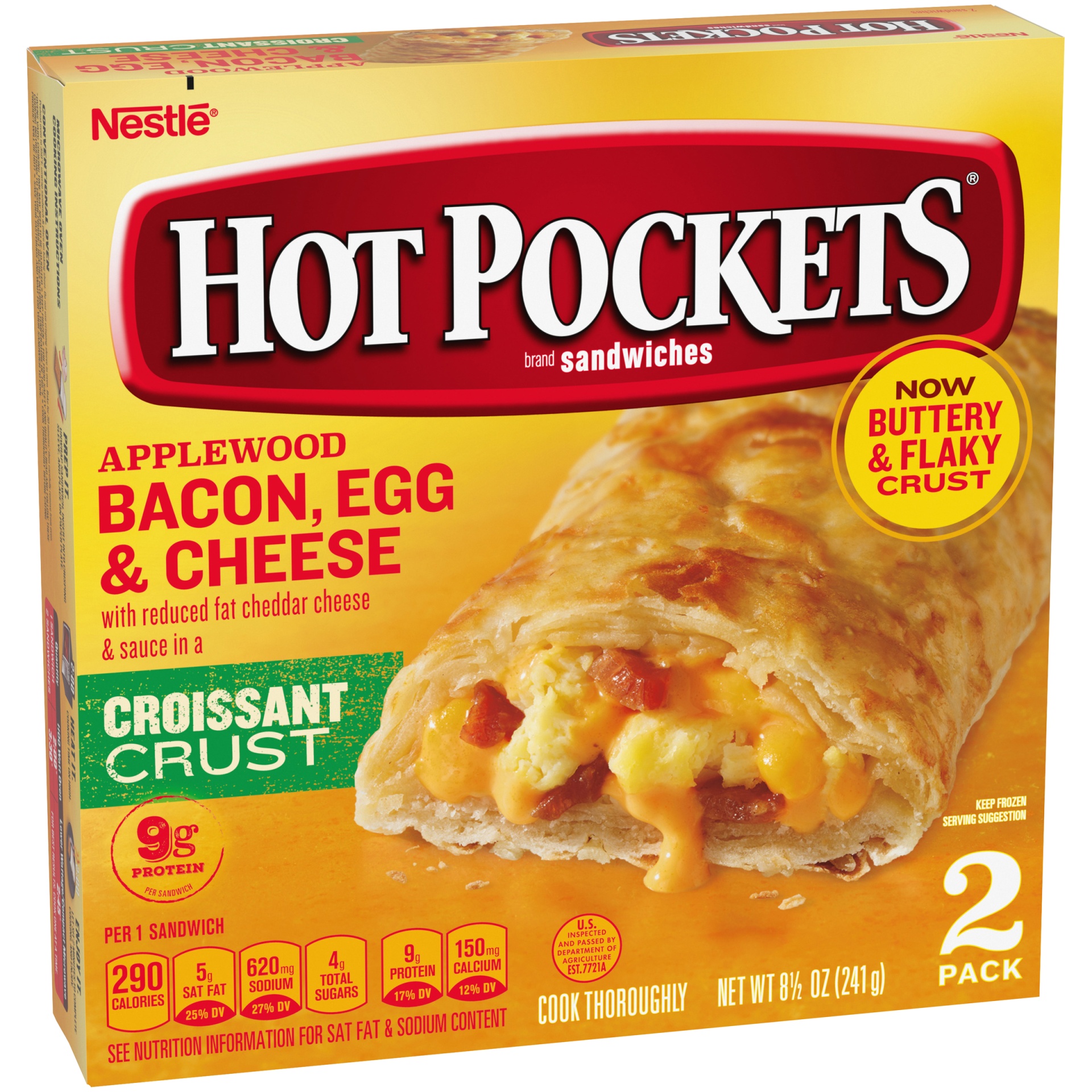 slide 3 of 10, Hot Pockets Applewood Bacon, Egg & Cheese Croissant Crust Frozen Breakfast Sandwiches, 2 ct; 9 oz