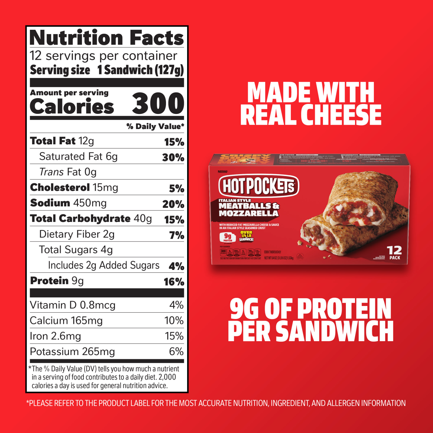 slide 3 of 8, Hot Pockets Italian Style Meatballs and Mozzarella Frozen Snacks, Pizza Snacks Made with Reduced Fat Mozzarella Cheese, 12 Count Frozen Sandwiches 54 oz., 12 ct