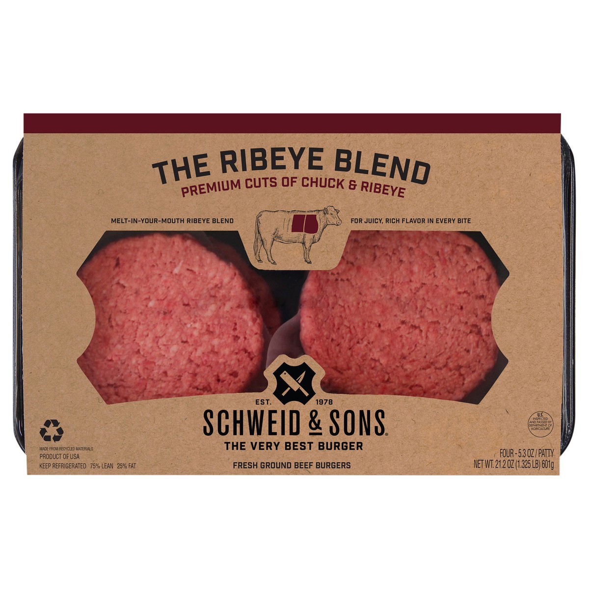 slide 1 of 12, Schweid & Sons The Ribeye Blend Patty 5.3 oz 75/25, 4 ct