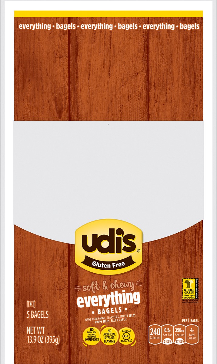 slide 1 of 3, Udi's Gluten Free Soft & Chewy Everything Bagels 5 ea, 5 ct