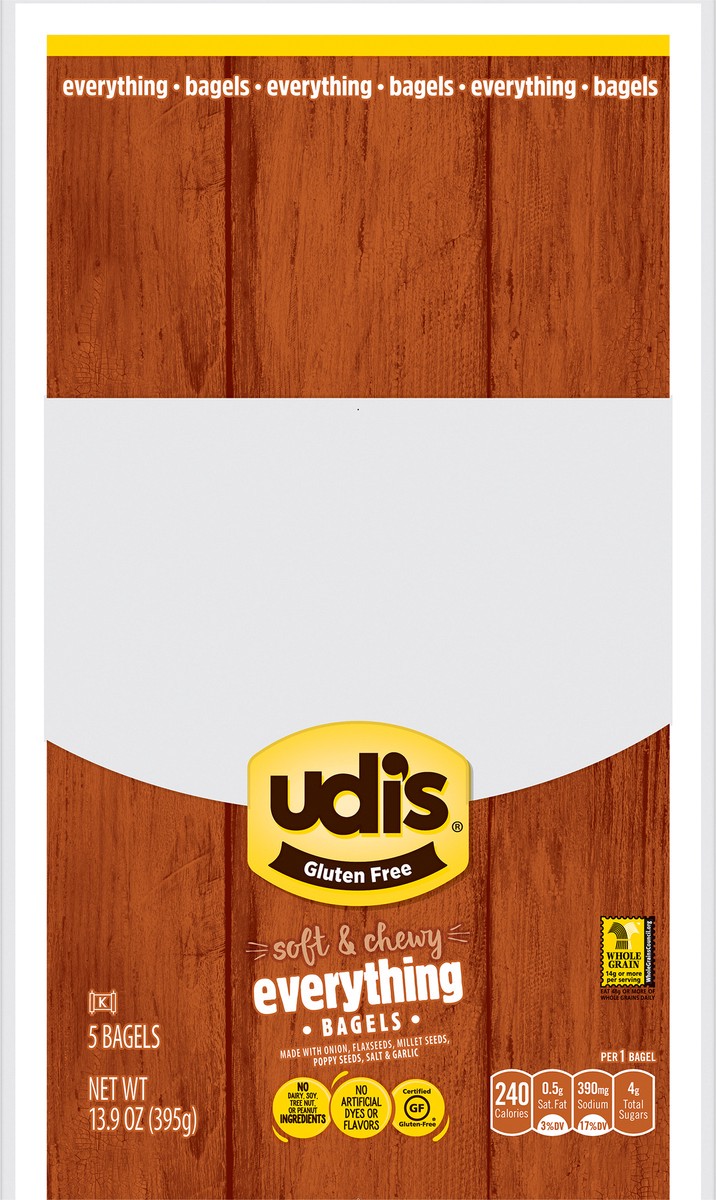 slide 1 of 5, Udi's Gluten Free Soft & Chewy Everything Bagels 5 ea, 5 ct