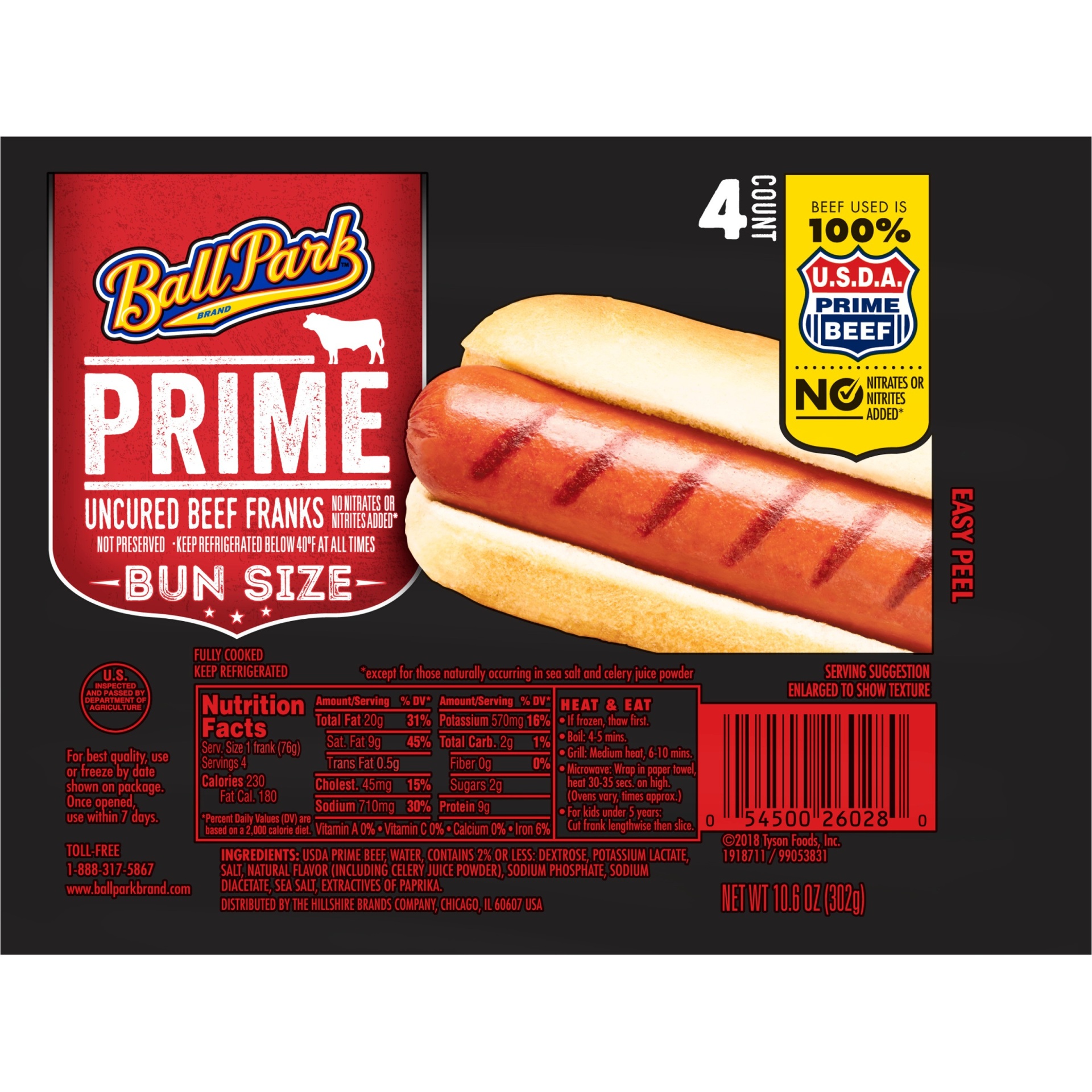 slide 1 of 1, Ball Park Prime Bun Size Uncured Beef Franks, 4 ct; 10.64 oz