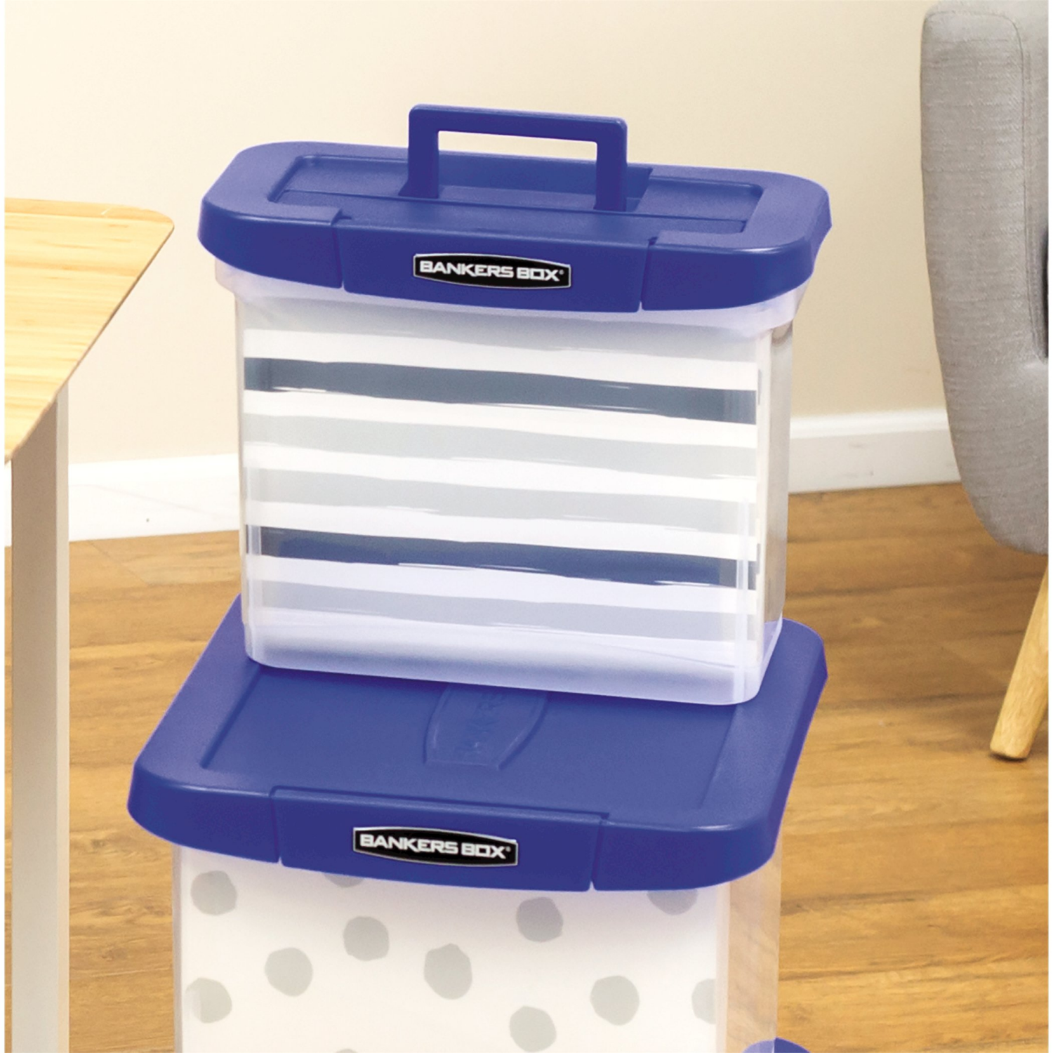 slide 3 of 4, Bankers Box Heavy-Duty Plastic Portable File Box, Blue/Clear, 1 ct