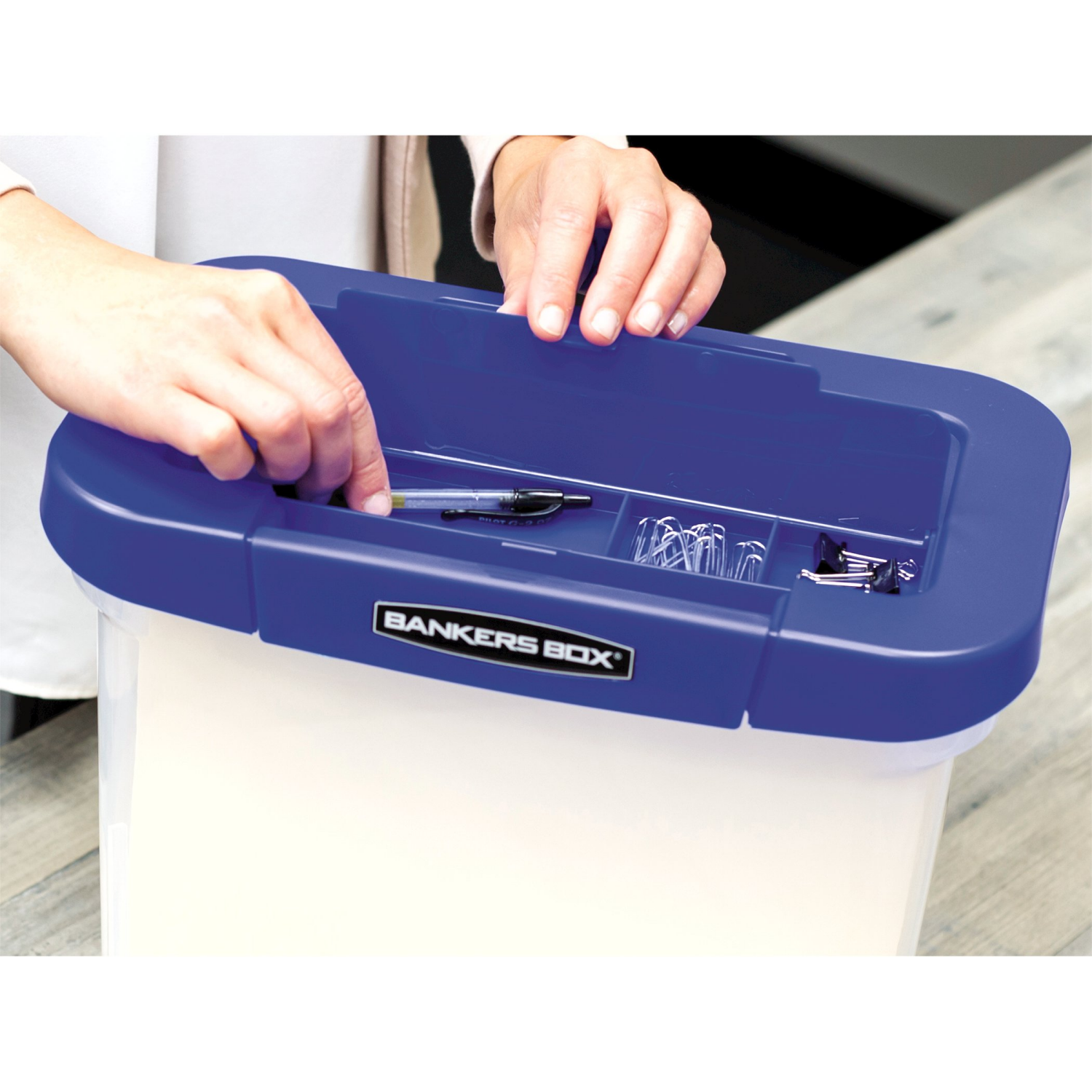 slide 4 of 4, Bankers Box Heavy-Duty Plastic Portable File Box, Blue/Clear, 1 ct