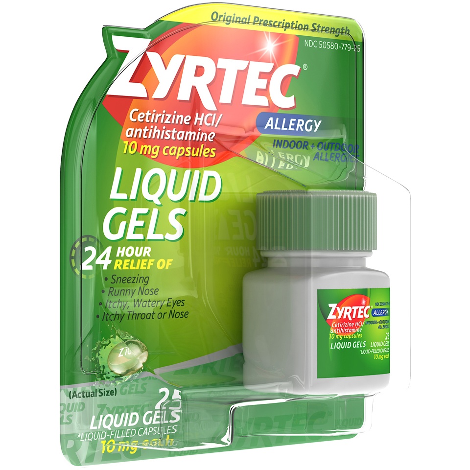 slide 2 of 6, Zyrtec 24 Hour Allergy Relief Liquid Gels, Antihistamine Capsules with Cetirizine HCl Allergy Medicine for All-Day Relief from Runny Nose, Sneezing, Itchy Eyes & More, 25 ct