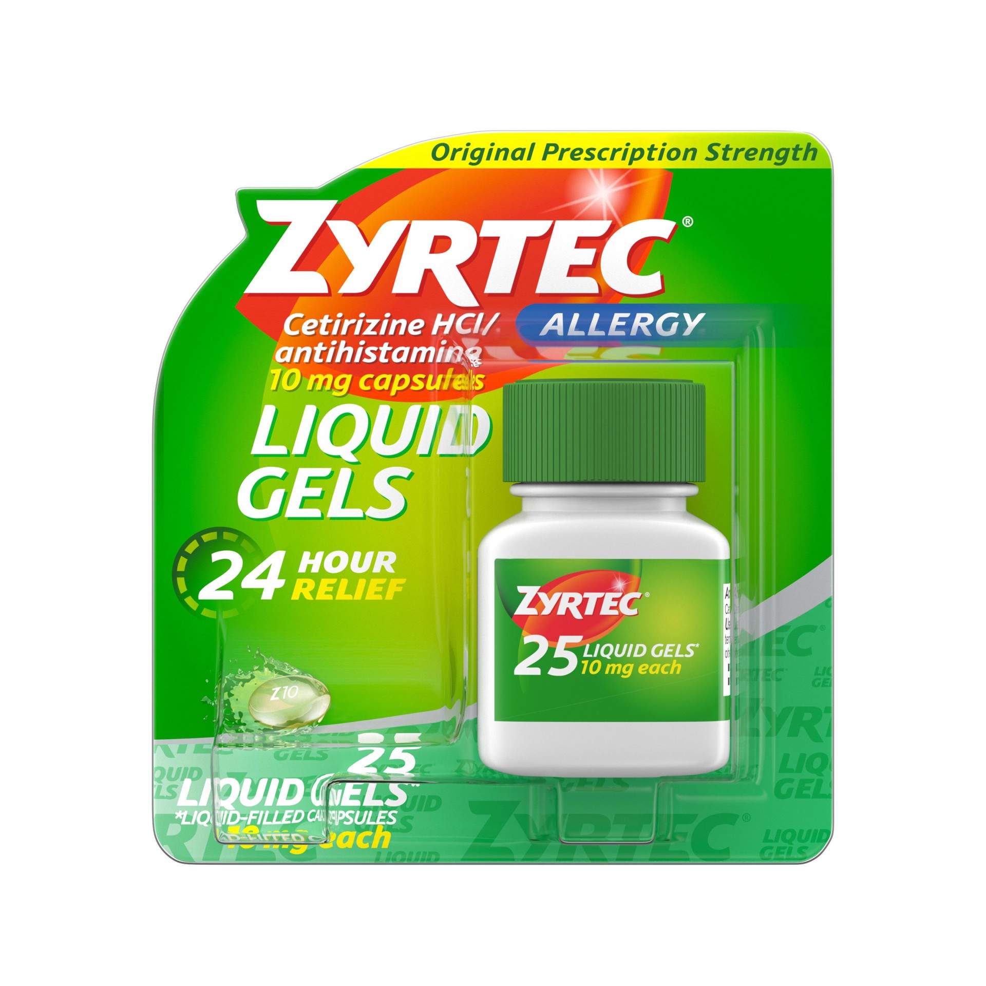 slide 1 of 6, Zyrtec 24 Hour Allergy Relief Liquid Gels, Antihistamine Capsules with Cetirizine HCl Allergy Medicine for All-Day Relief from Runny Nose, Sneezing, Itchy Eyes & More, 25 ct, 25 ct