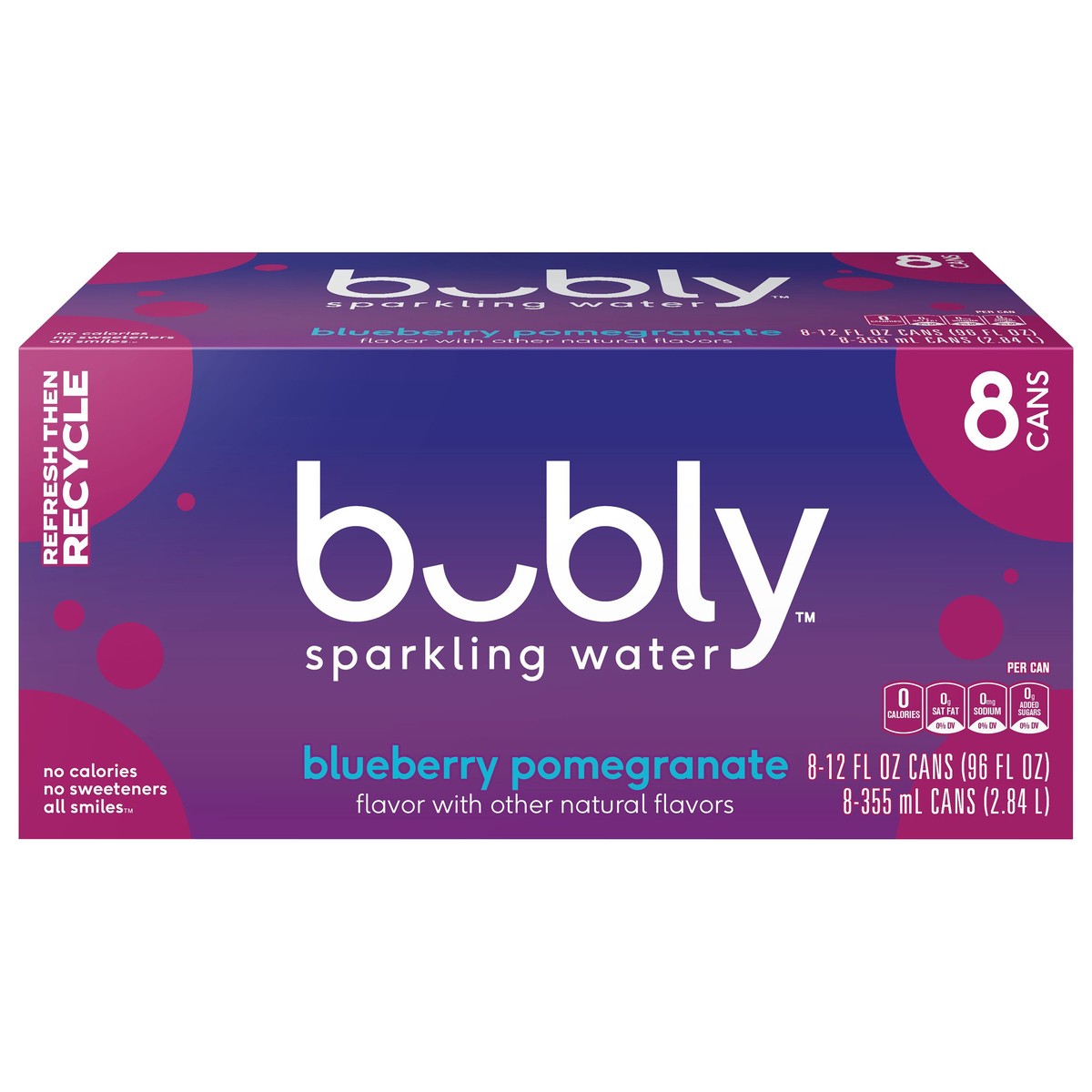 slide 1 of 5, Bubly Sparkling Water Blueberry Pomegranate 12 Fl Oz, 8 Count, 8 ct; 12 fl oz