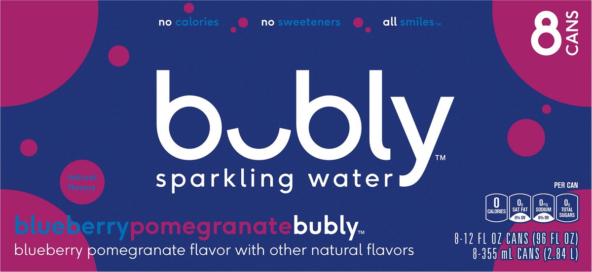 slide 1 of 5, Bubly Sparkling Water Blueberry Pomegranate 12 Fl Oz 8 Count, 8 ct; 12 fl oz