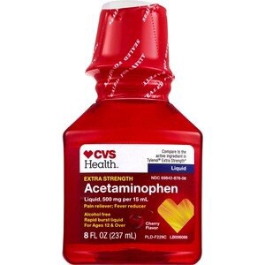 slide 1 of 1, Cvs Health Extra Strength Acetaminophen Pain Reliever & Fever Reducer 500 Mg Liquid, Cherry, 8 Fl Oz, 1 ct