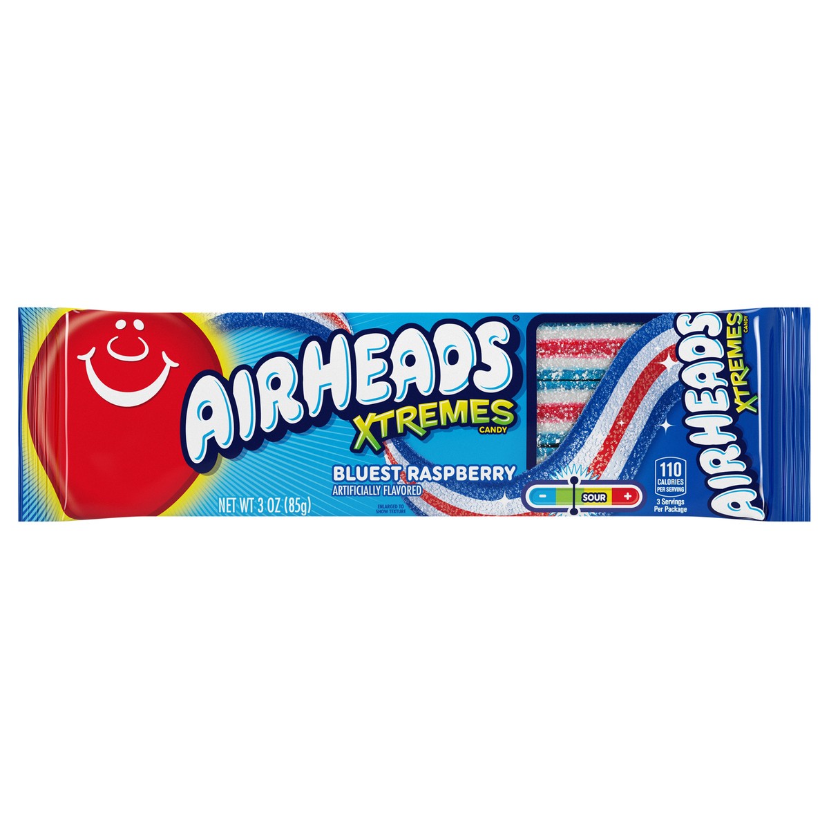 slide 1 of 3, Airheads Xtremes Sweetly Sour Candy Belts, Bluest Raspberry flavor, 3 Ounce , 3 oz